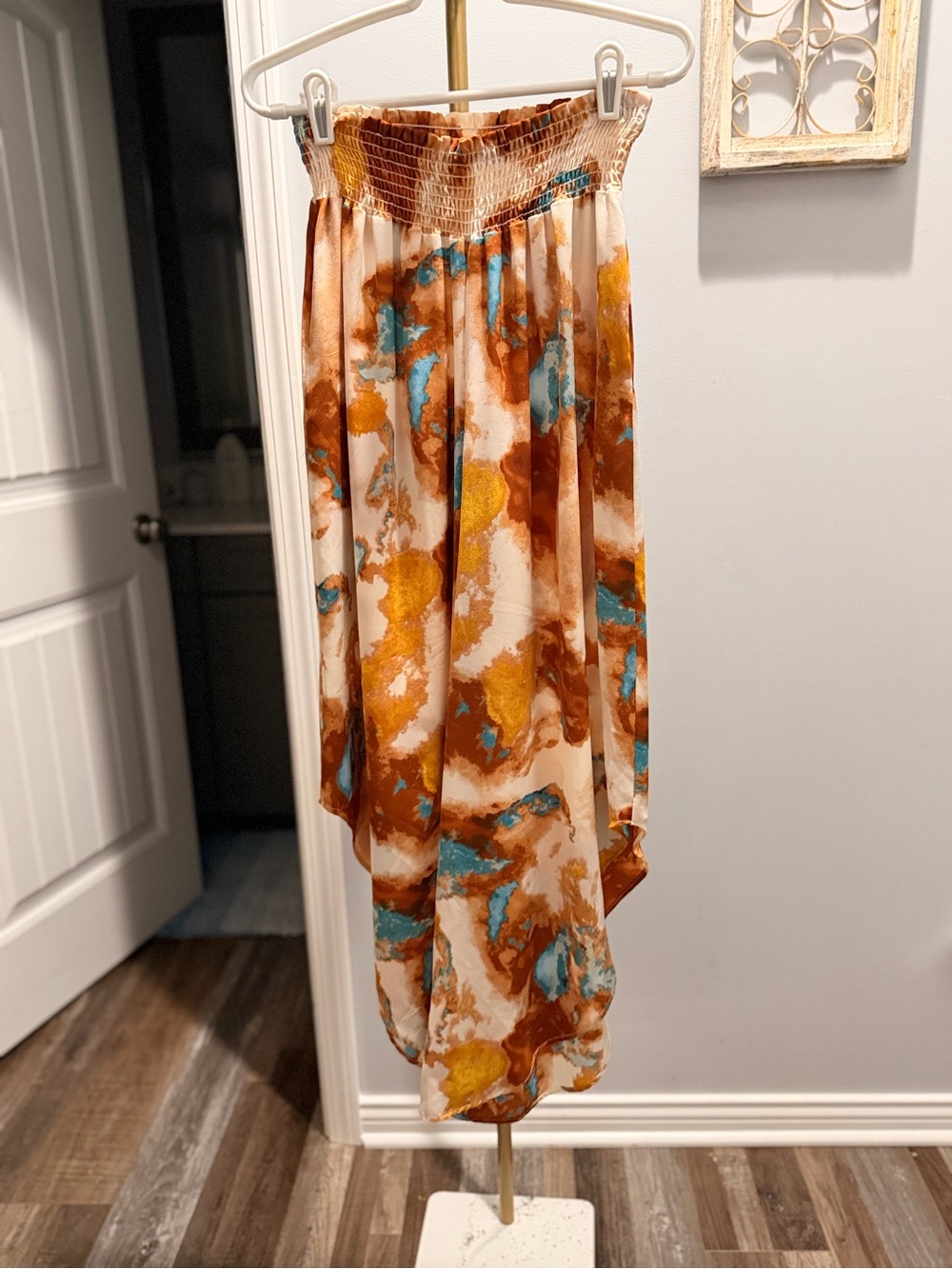 R2 Smocked-Waist Wide Leg Boho Pants in Teal, Mustard & Rust